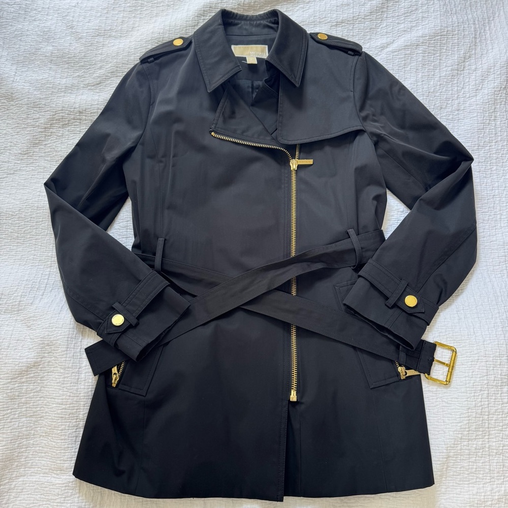 MICHAEL Michael Kors Black Trench Coat with Gold Hardware, size M. Women’s
